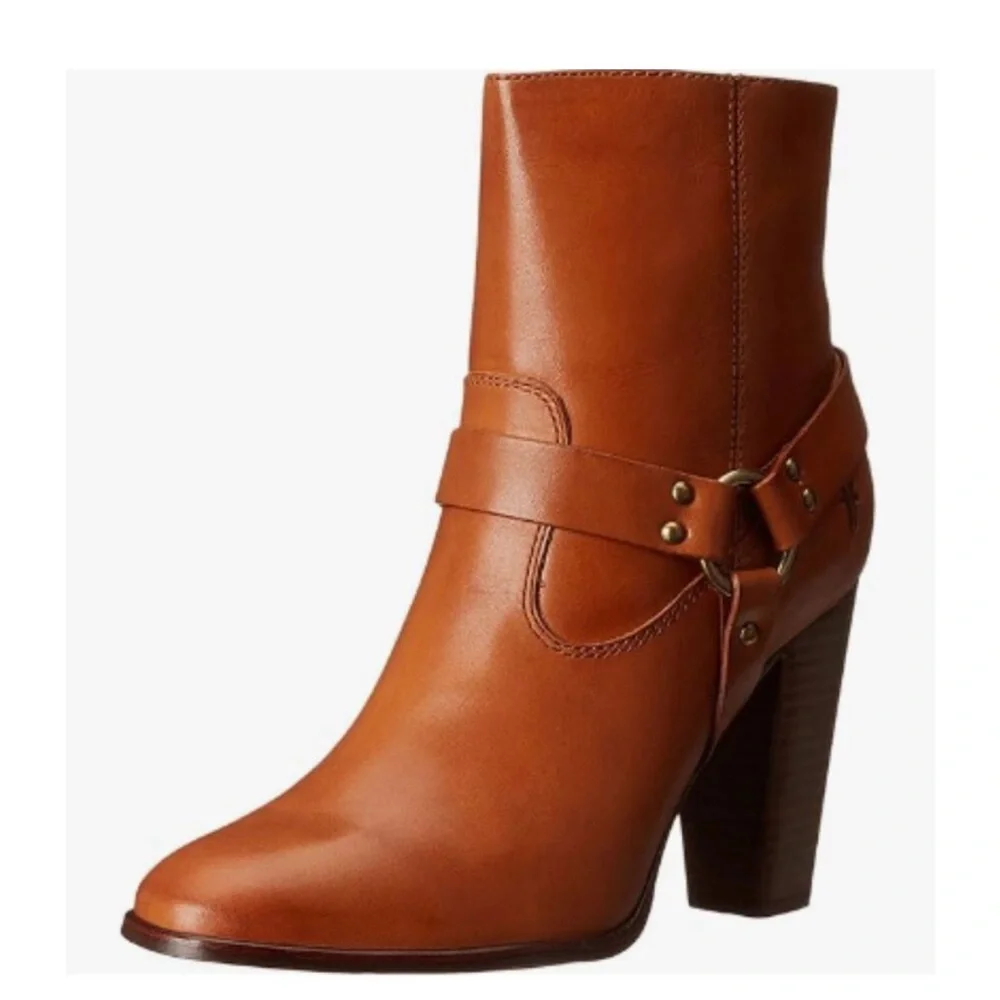 Frye Laurie Harness Leather Zippered Boots Sz 7.5 High Heel Bootie‎ Fall Cowgirl